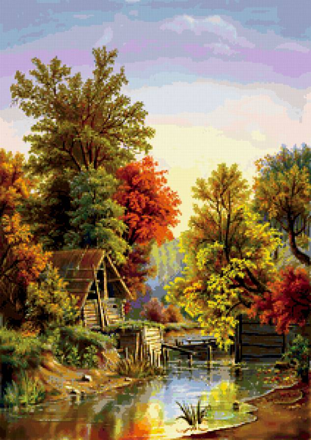 ПЕЙЗАЖ - домик, деревья, времена года, осень, река - предпросмотр