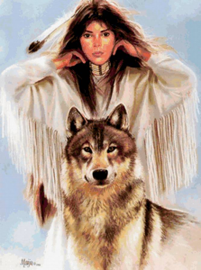 ИНДЕЙСКИЕ МОТИВЫ - картина, древные народы, индианка, индейцы, хищник, волк - предпросмотр