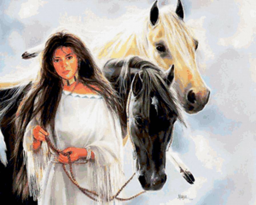 ИНДЕЙСКИЕ МОТИВЫ - древные народы, лошади, картина, индианка, индейцы - предпросмотр