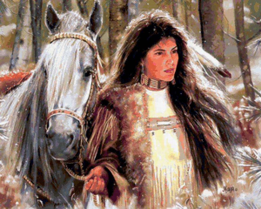 ИНДЕЙСКИЕ МОТИВЫ - лошади, древные народы, картина, индианка, индейцы - предпросмотр