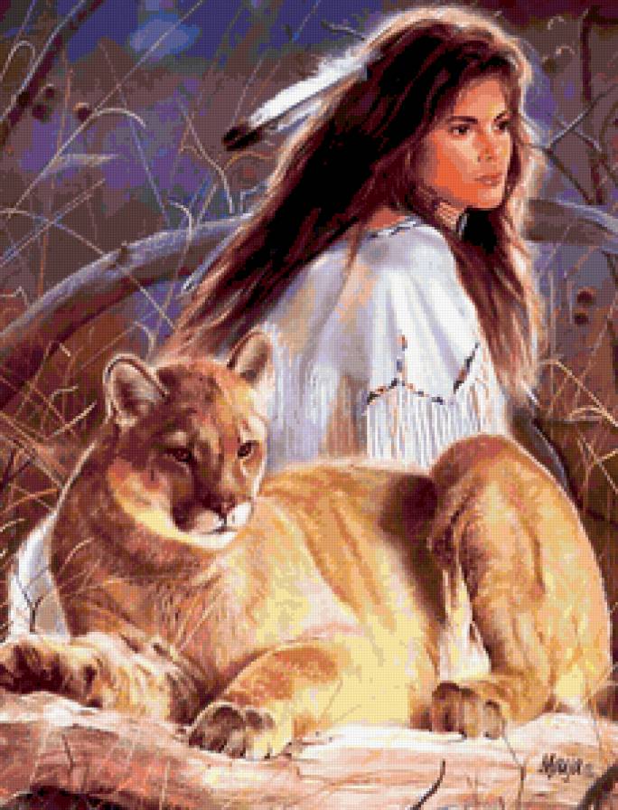 ИНДЕЙСКИЕ МОТИВЫ (ЛЬВИНОЕ  СЕРДЦЕ) - хищник, индейцы, древные народы, лев, индианка, картина - предпросмотр