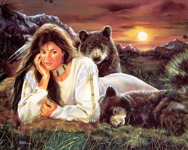 ИНДЕЙСКИЕ МОТИВЫ - закат, индейцы, скалистые горы, древные народы, медвежата - оригинал