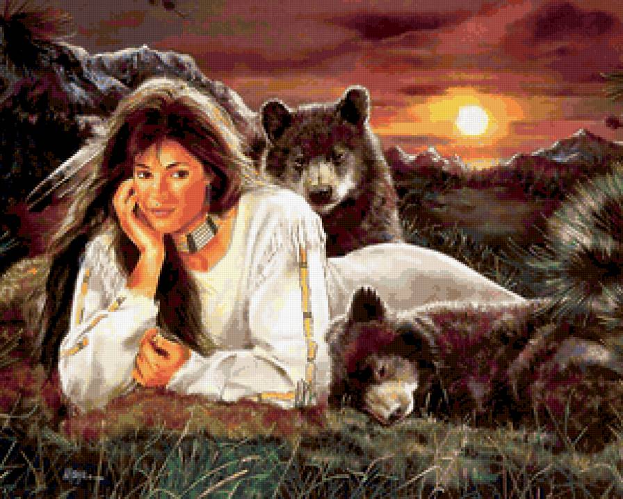 ИНДЕЙСКИЕ МОТИВЫ - закат, индейцы, скалистые горы, древные народы, медвежата - предпросмотр