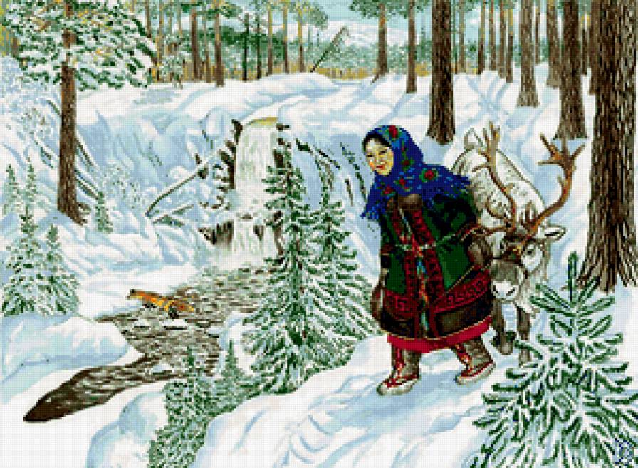 природа - зима, чукча, животные, лес, женщина - предпросмотр