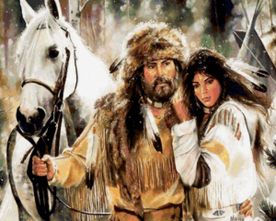 ИНДЕЙСКИЕ МОТИВЫ - мужчина, зима, женщина, конь, пара, индейцы, древные народы - предпросмотр