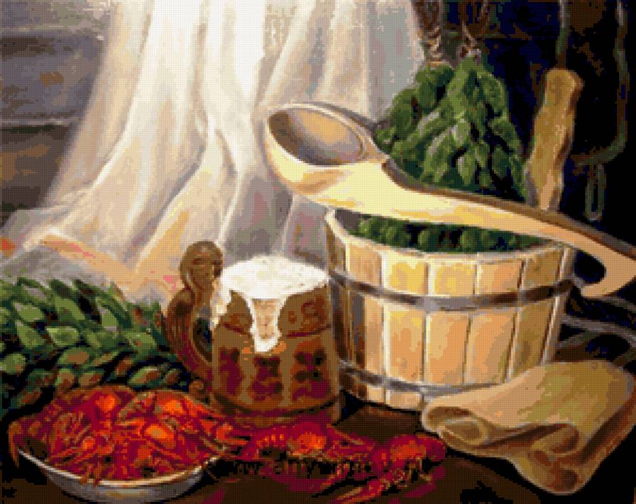 Банный натюрморт - баня, натюрморт, натюрморты, веники, раки, пиво - предпросмотр