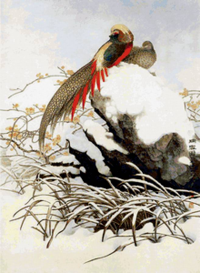 фазаны - япония, цветы, гравюра, камень, птицы, фазаны - предпросмотр