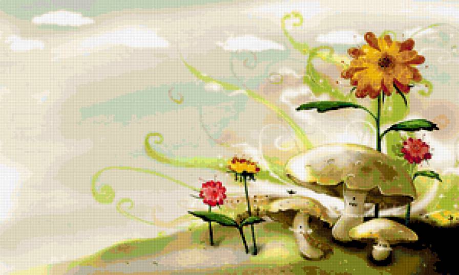 Фантазия - цветы, нежность, поляна, грибы - предпросмотр