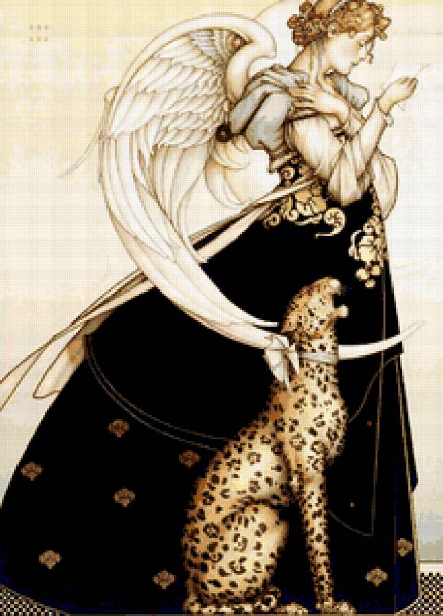 №243789 - женщина, животные, ангел, картина, ягуар, сюрреализм - предпросмотр