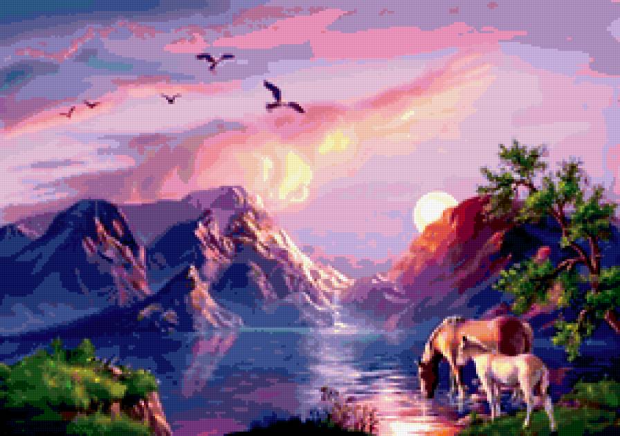 пейзаж - лес, картина, пейзаж, живопись.лошади, природа, ночь, река, парк - предпросмотр