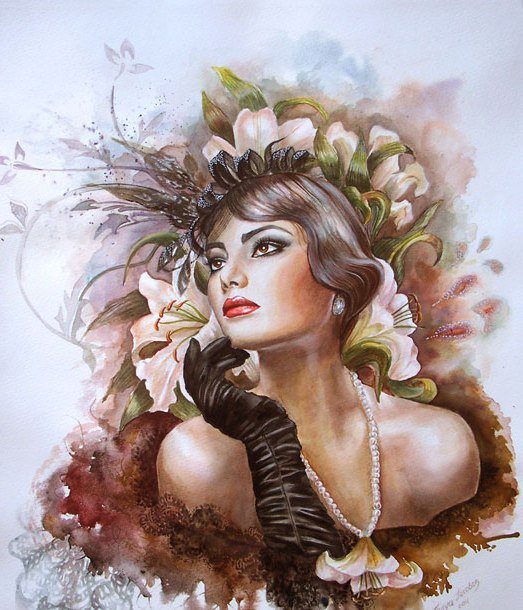 НЕЗНАКОМКА - взгляд, цветы, женщина, влюбленная, красавица - оригинал