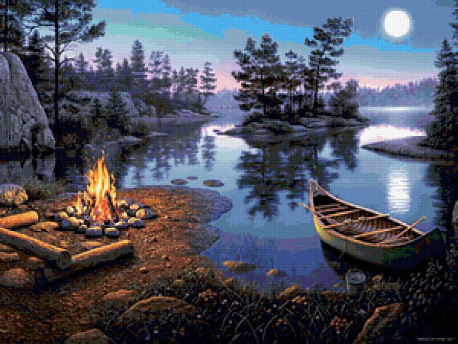 №244699 - лодка, пейзаж, лес, костер, река, природа - предпросмотр