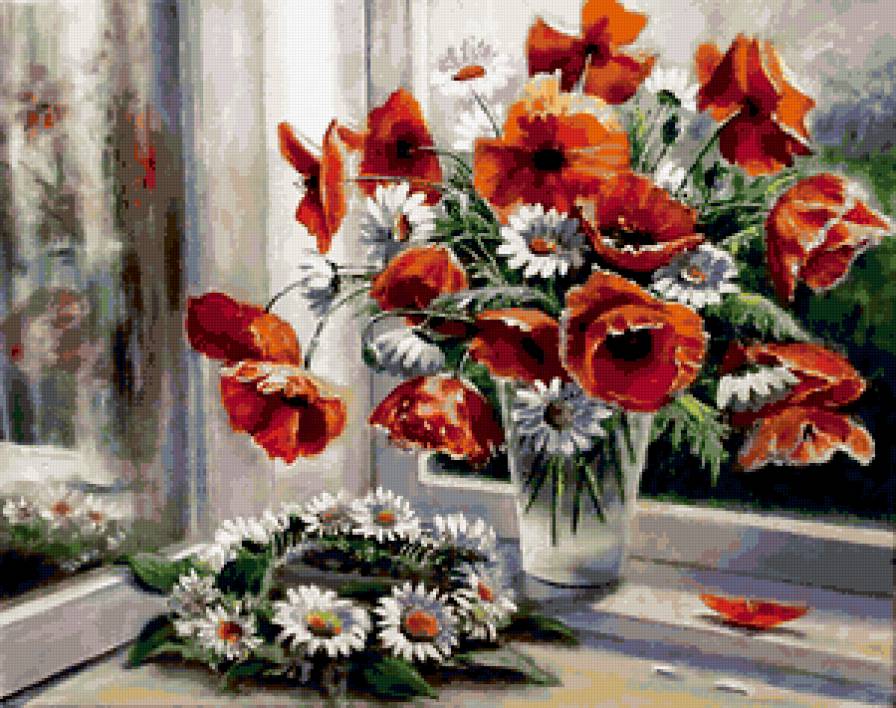 НАТЮРМОРТ - букет, ромашки, маки, венок, цветы, окно - предпросмотр