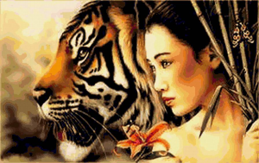девушка с тигром - пейзаж, природа, девушка, животные - предпросмотр