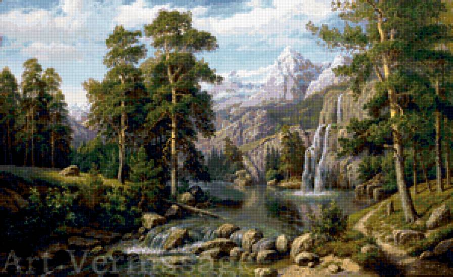 пейзаж - вода, водопад, лето, сосны, деревья, природа - предпросмотр