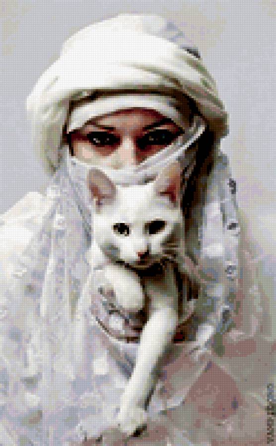 Женщина с кошкой - белый, девушка, кошка, восток - предпросмотр