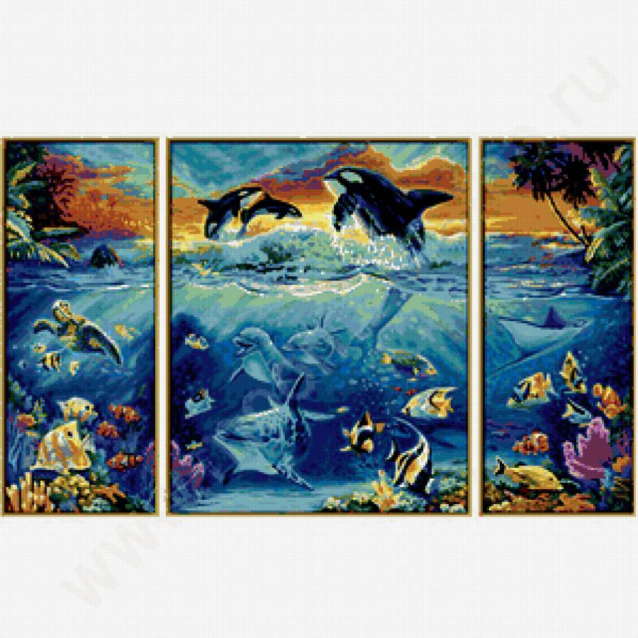 триптих - триптих, дельфины, море - предпросмотр