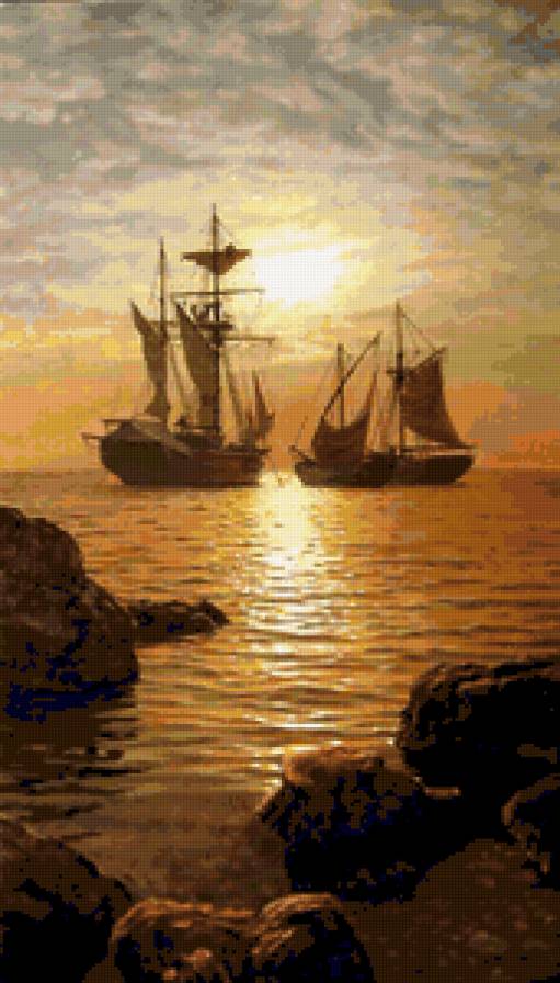 Закат - природа, корабль, закат, пейзаж, парусник, море - предпросмотр