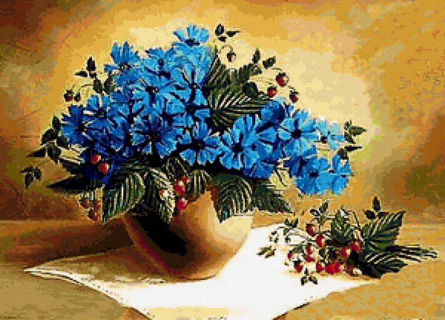 Васильки и земляника - земляника, ягоды, ягодки, василек, букет, васильки - предпросмотр