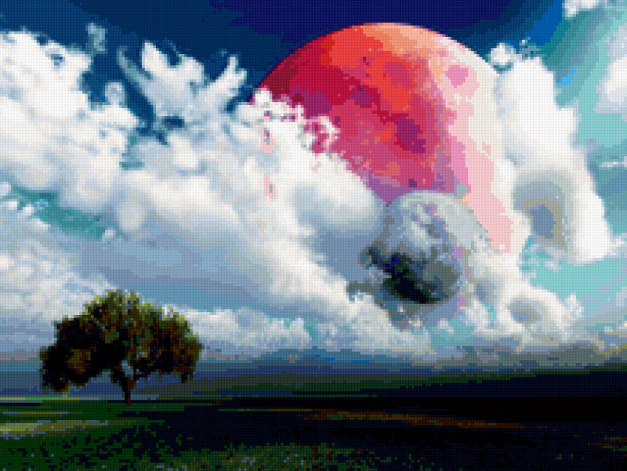 дерево - поле, космос, луна, вечер, дерево - предпросмотр