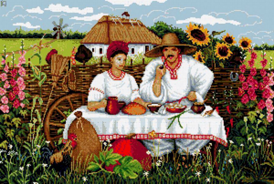 Украинский полдень - домик, мальва, домики, украина, цветы, культура, люди, хата - предпросмотр