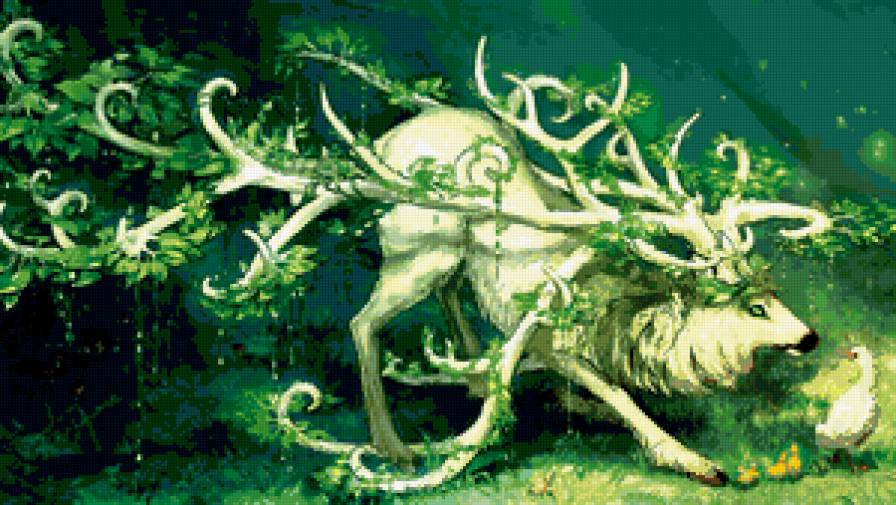 Лесные мифы - лес, фантастика, природа, олень, гусь, животные, рисунок - предпросмотр