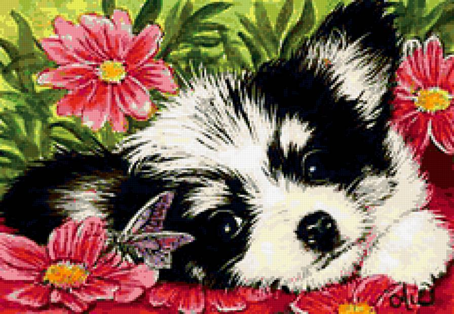 Милая собачка - собачка, цветы, бабочка - предпросмотр