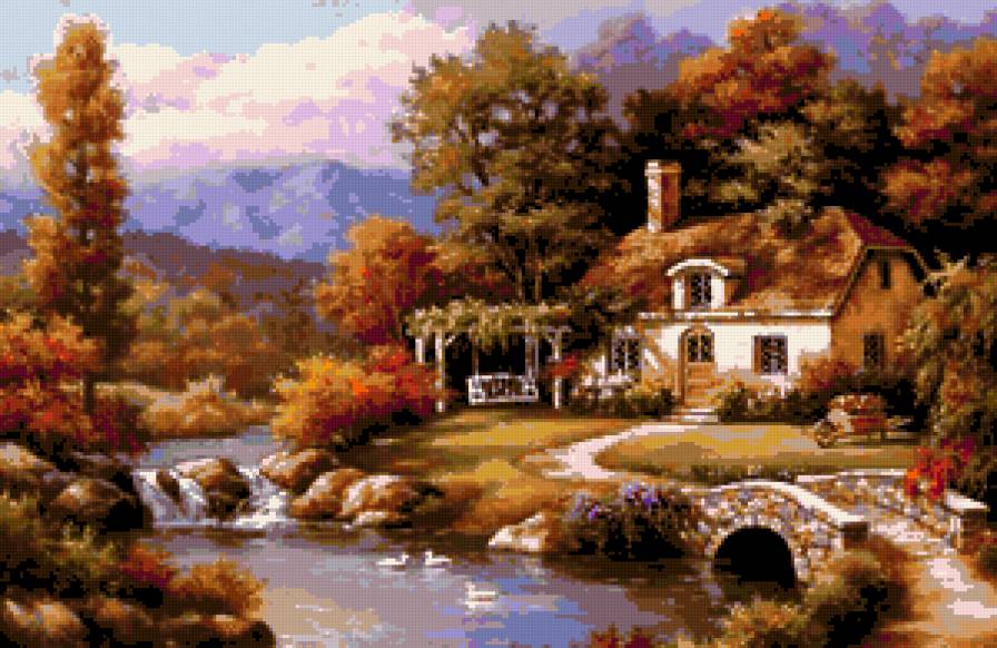 №249759 - картина, река, пейзаж, домик, мост, осень - предпросмотр