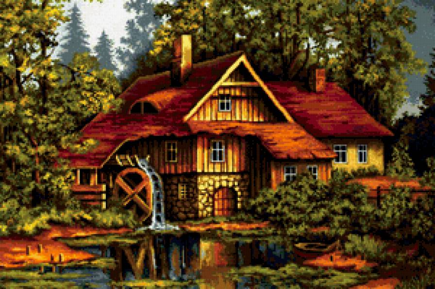 Водяная мельница - лес, мельница, пейзаж - предпросмотр