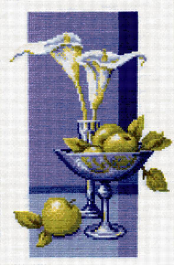 Синее стекло - натюрморт, фрукты, для кухни - предпросмотр