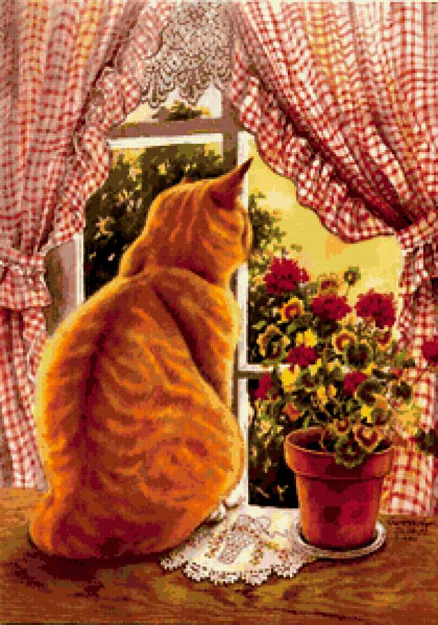 Кошка на окошке - кошки, окно, лето, животные, природа, картины - предпросмотр