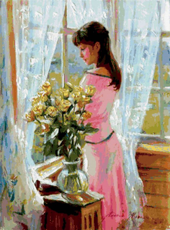 Ожидание - окно, цветы, женские образы, розы, картина, лето, букет, девушка - предпросмотр