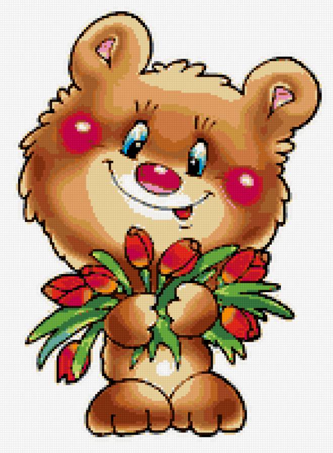 мишутка - тюльпаны, мишка, зверята, 8 марта, мульт, мишки, детям, детская, цветы - предпросмотр