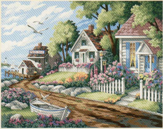 Деревушка у моря - сад, домики, цветы, пейзаж - оригинал