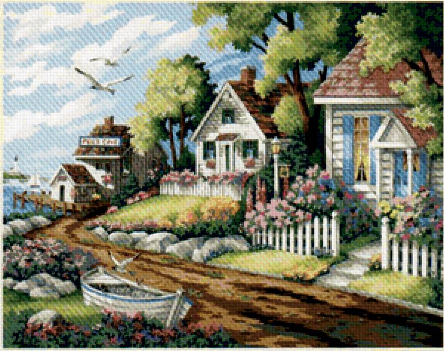 Деревушка у моря - домики, цветы, пейзаж, сад - предпросмотр