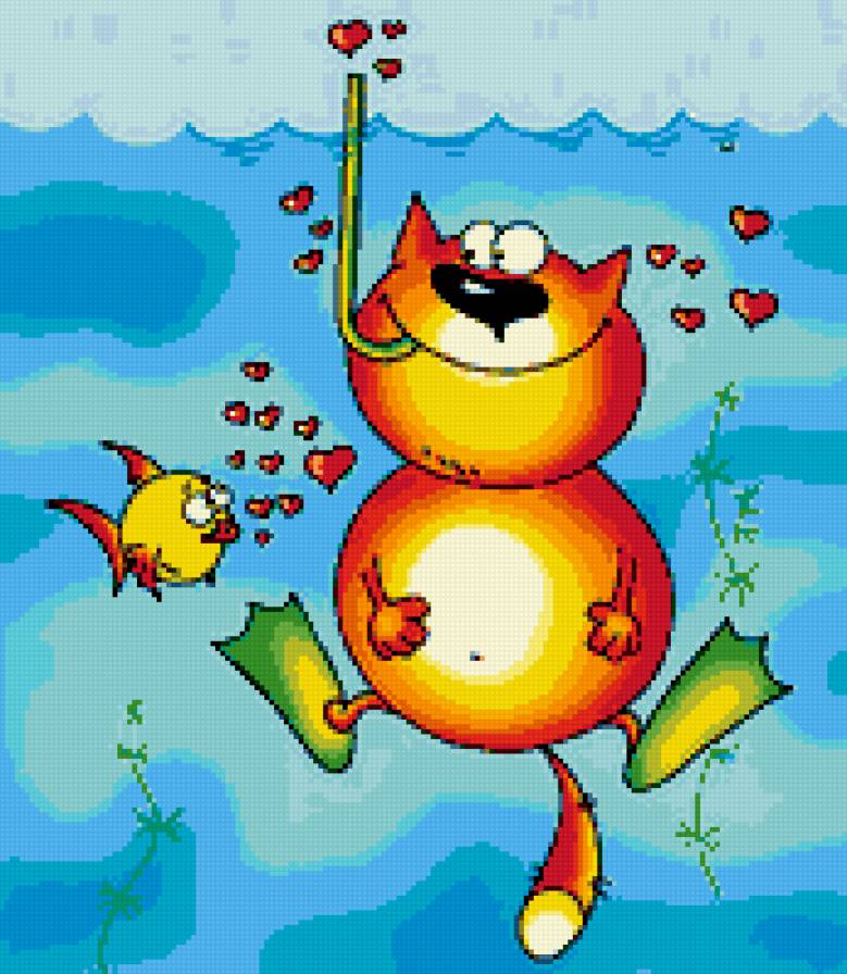 котик и рыбка - рыба, юмор, валентина, любовь, влюбленных, валентинка, кот, коты - предпросмотр