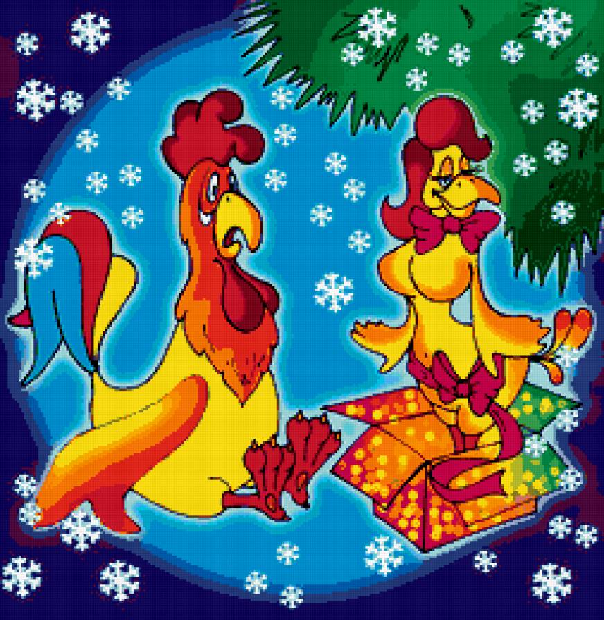 петушок и курочка - юмор, новый год, петух, куры, подушка, птицы - предпросмотр