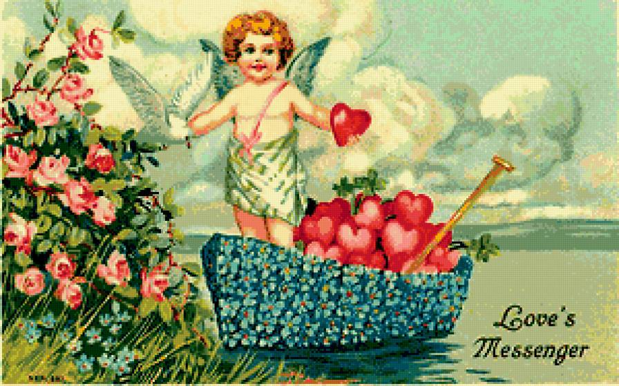 валентинка - ангелочек, лодка, голубь, ангел, сердечки, валентина, винтаж, амур - предпросмотр