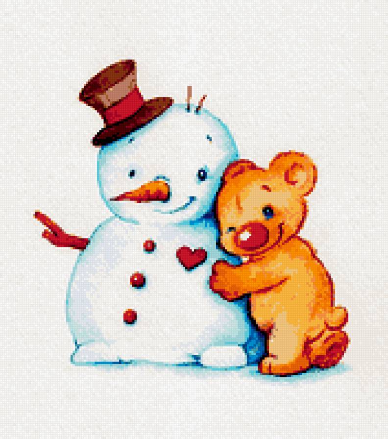 мишка и снеговик - детская, зверята, мультяшки, зима, детям - предпросмотр