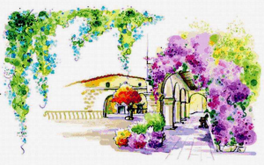 Зарисовки - пейзаж, домик, цветы - предпросмотр