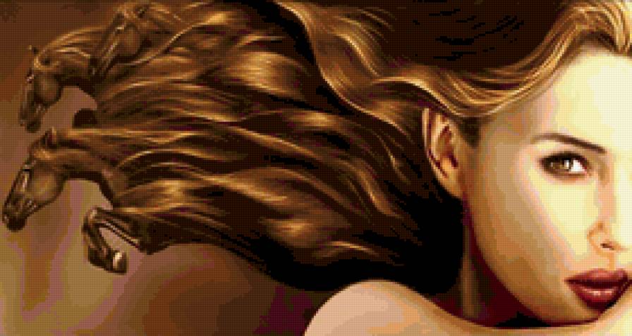 ДИПТИХ   "Две мелодии" - игра волны, волна, тоска, женщина, взгляд, волны волос, кони - предпросмотр