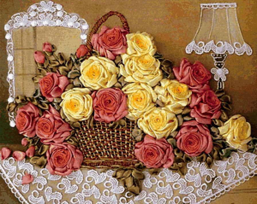 Корзина роз - цветы, кружева, розы, корзина - предпросмотр
