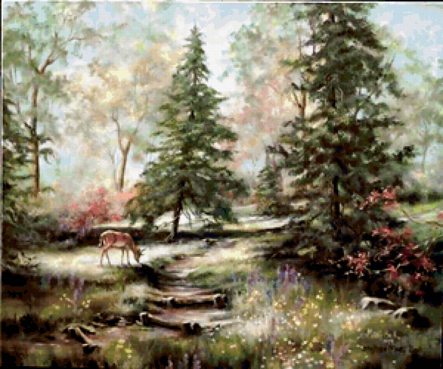 Серия "Пейзажи" - дорога, олени, пейзаж, лес, животные - предпросмотр