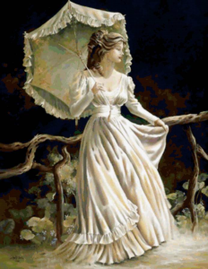 Леди в белом - пейзаж, девушка, зонт - предпросмотр