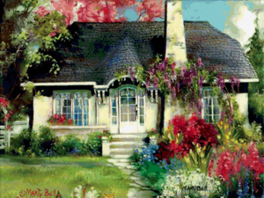 Серия "Пейзажи" - пейзаж, домик, цветы - предпросмотр