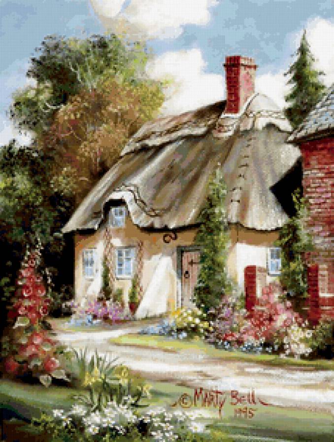 Серия "Пейзажи" - пейзаж, домик, цветы - предпросмотр