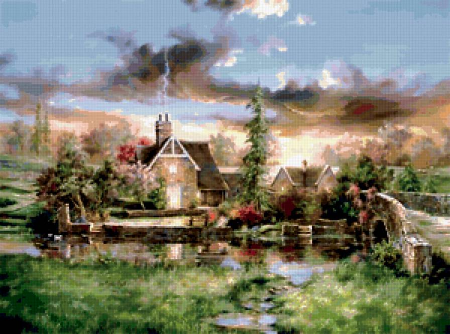 Серия "Пейзажи" - река, лето, цветы, мостик, домик, дорога, пейзаж - предпросмотр