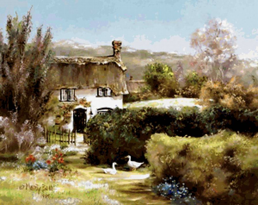 Серия "Пейзажи" - домик, цветы, птицы, гуси, пейзаж, дорога, лето - предпросмотр