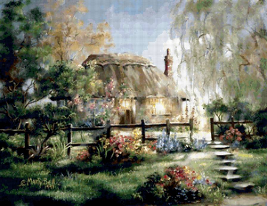 Серия "Пейзажи" - домик, цветы, пейзаж - предпросмотр