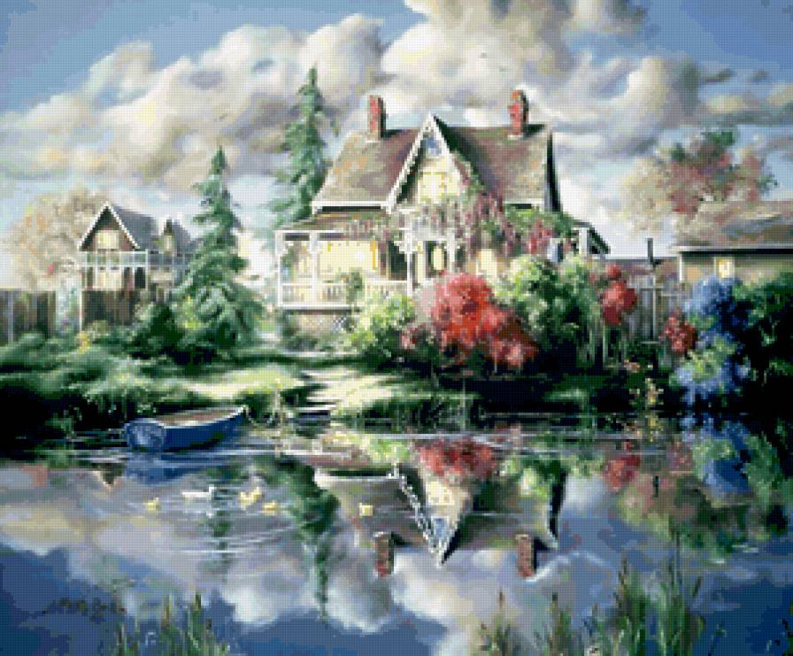 Серия "Пейзажи" - пейзаж, домик, лето, река, цветы - предпросмотр
